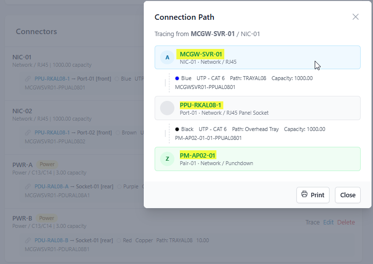 Follow the full connection path from origin through to termination