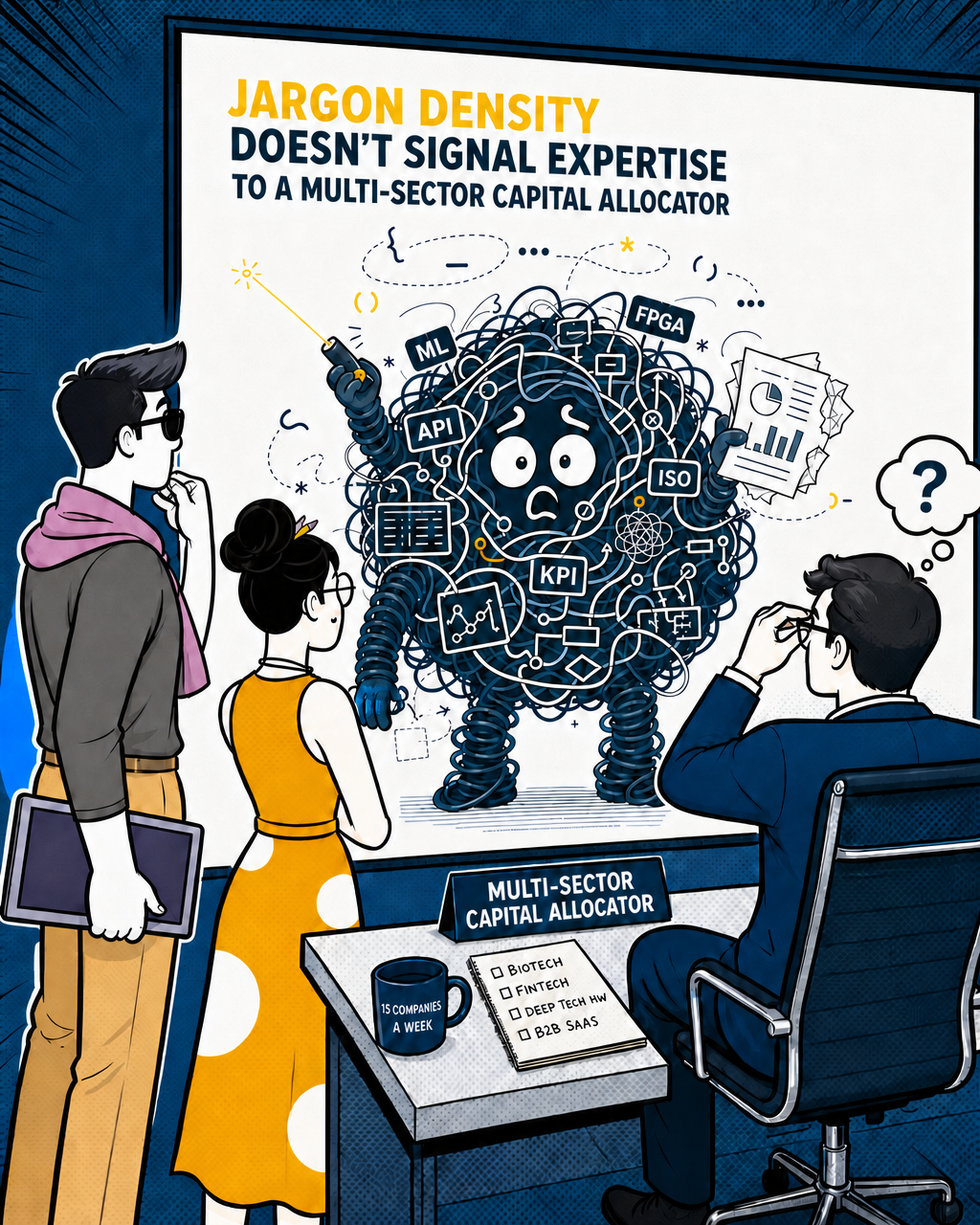 Jargon density doesn't signal expertise to a multi-sector capital allocator