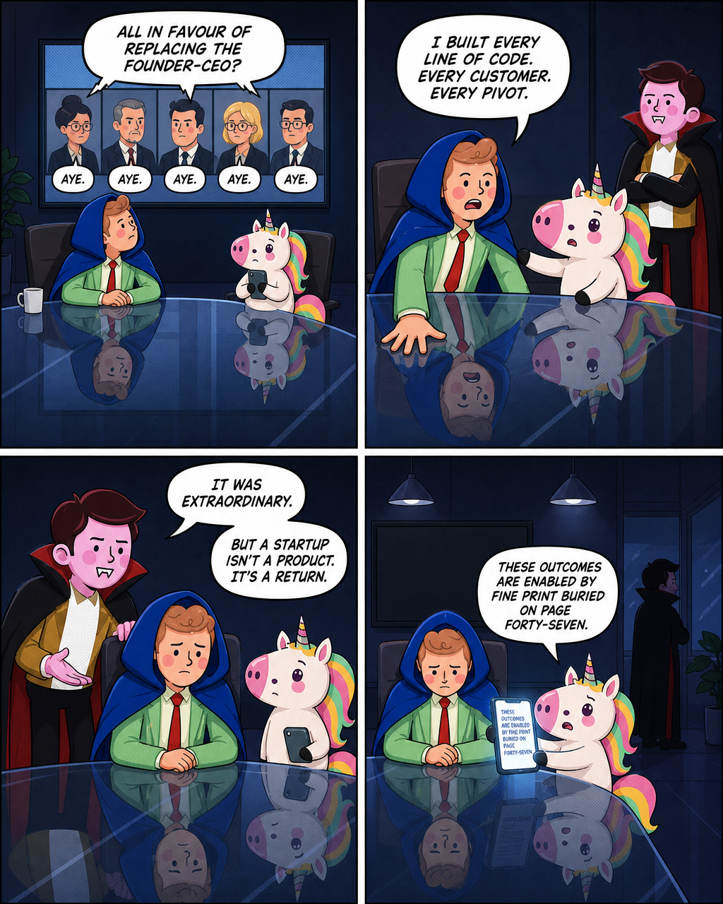 Panel 5 — Four Ayes. The Vote Is Done.
